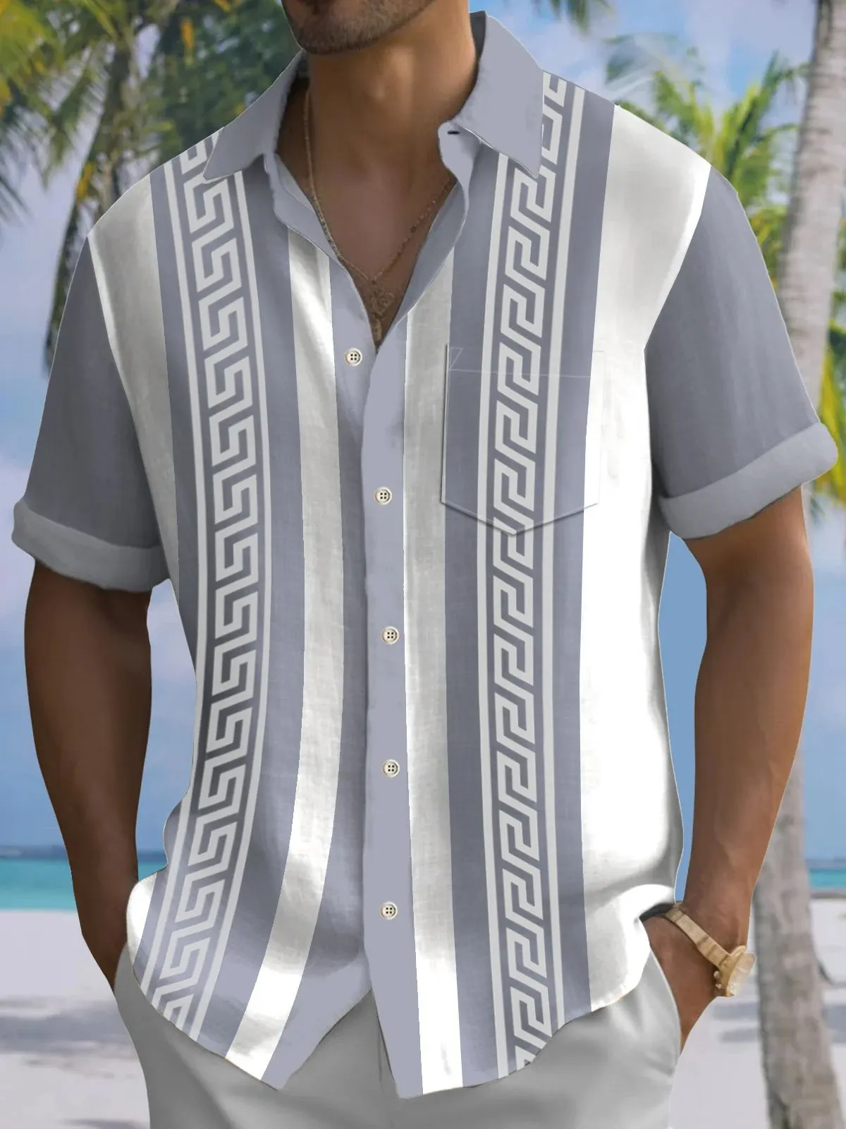 Alohadaddy Retro Geometric Graphics Baroque Palace Style Contrast Color 3D Print Men's Button Pocket Short Sleeve Shirt Big & Tall