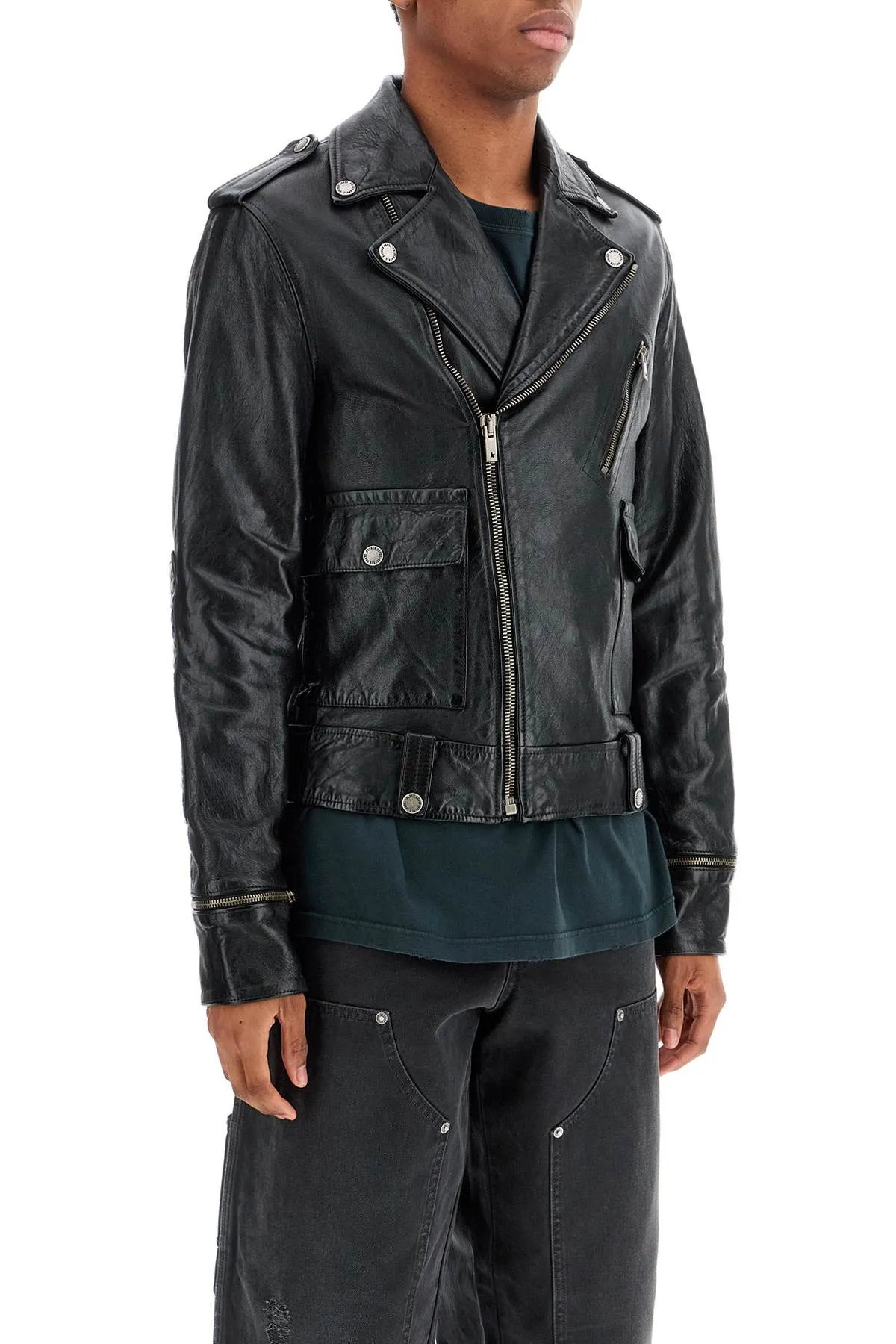 black waxed leather biker jacket with zip GMP02258 P001195 BLACK