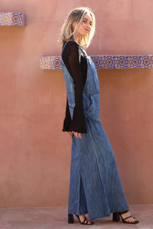 MEDIUM DENIM WIDE LEG DENIM OVERALL JUMPSUIT