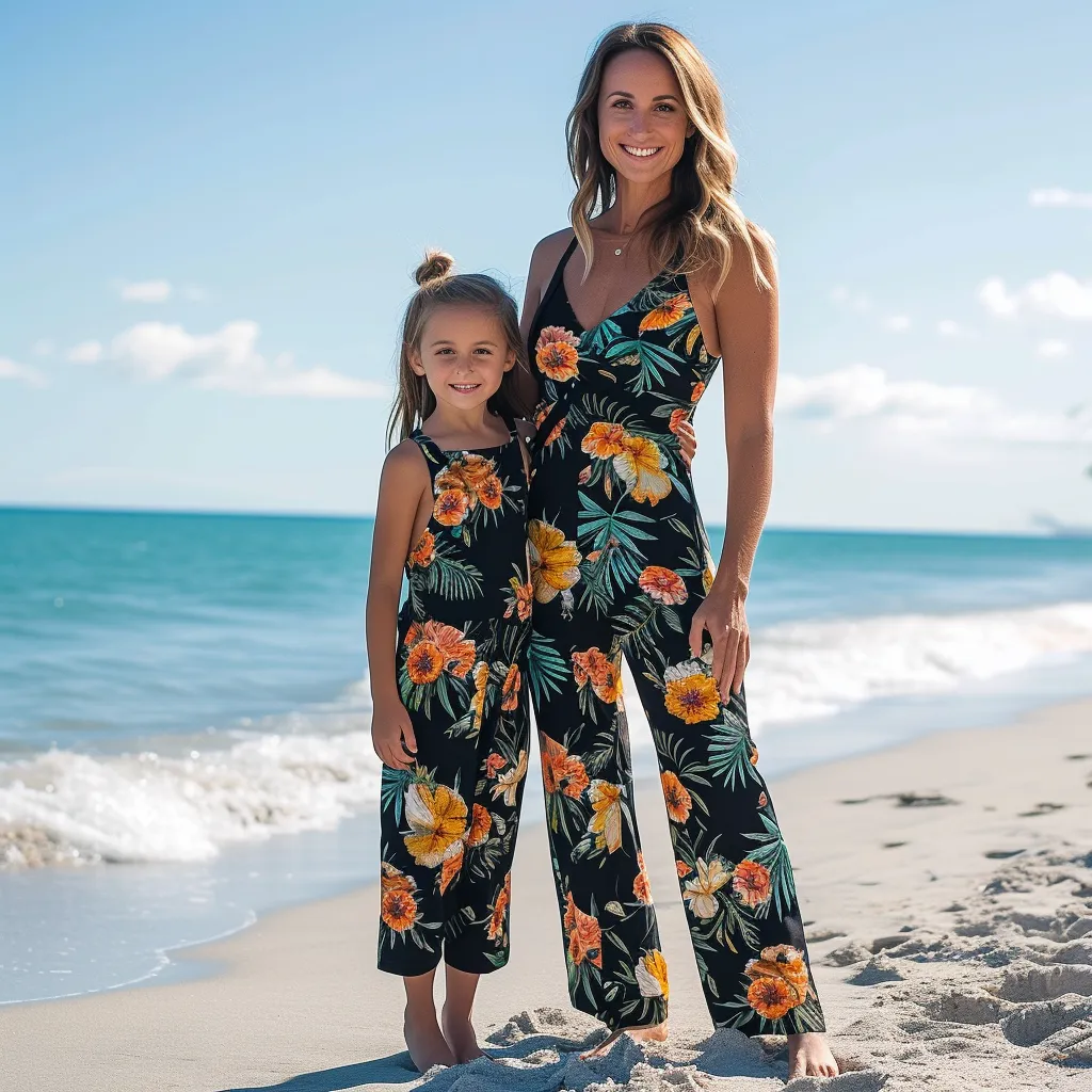 Mom and Daughter Matching Black Plant Print Cami Jumpsuit